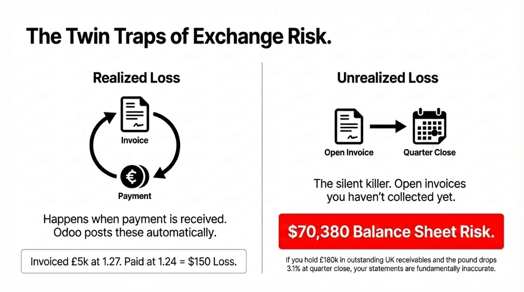 The Twin Traps of Exchange Risk showing Realized Loss with invoice to payment cycle where invoiced 5000 pounds at 1.27 paid at 1.24 equals 150 dollar loss and Unrealized Loss showing open invoices you have not collected yet with 70380 dollar balance sheet risk from 180000 pounds in outstanding UK receivables when pound drops 3.1 percent at quarter close