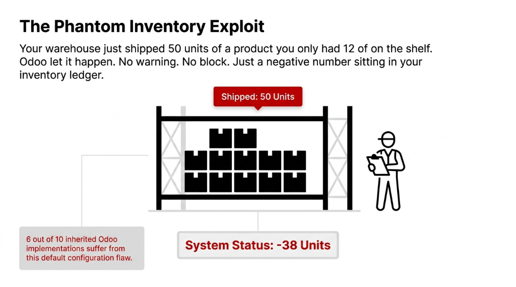 The Phantom Inventory Exploit - warehouse shipped 50 units of a product with only 12 on the shelf - Odoo let it happen with no warning no block just a negative number - system status shows minus 38 units - 6 out of 10 inherited Odoo implementations suffer from this default configuration flaw