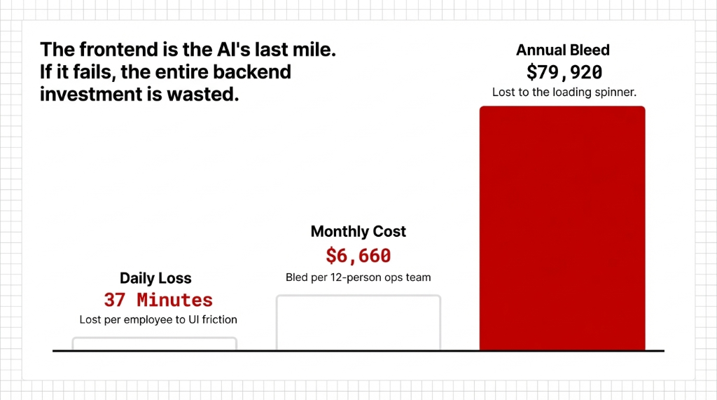 The frontend is the AI’s last mile and if it fails the entire backend investment is wasted — bar chart showing Daily Loss of 37 Minutes lost per employee to UI friction, Monthly Cost of $6,660 bled per 12-person ops team, and Annual Bleed of $79,920 lost to the loading spinner, illustrating the escalating cost of poor dashboard user experience