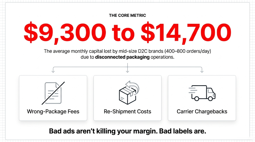 The core metric - $9,300 to $14,700 average monthly capital lost by mid-size D2C brands shipping 400-800 orders per day due to disconnected packaging operations including wrong-package fees re-shipment costs and carrier chargebacks