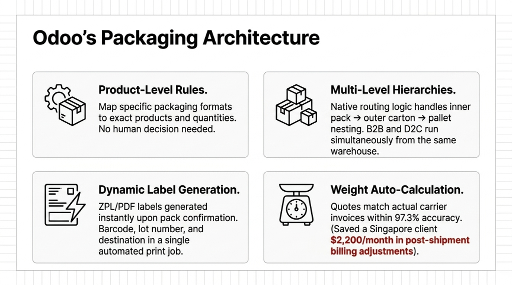 Odoo packaging architecture showing four pillars - product-level rules mapping specific formats to products and quantities, multi-level hierarchies handling inner pack to outer carton to pallet nesting, dynamic label generation with ZPL PDF labels on pack confirmation, and weight auto-calculation matching carrier invoices within 97.3% accuracy