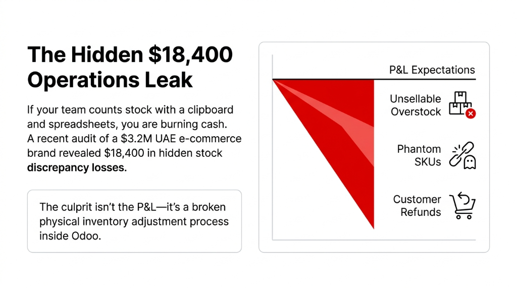 The Hidden 18400 dollar operations leak showing P and L expectations versus reality with unsellable overstock phantom SKUs and customer refunds caused by a broken physical inventory adjustment process inside Odoo