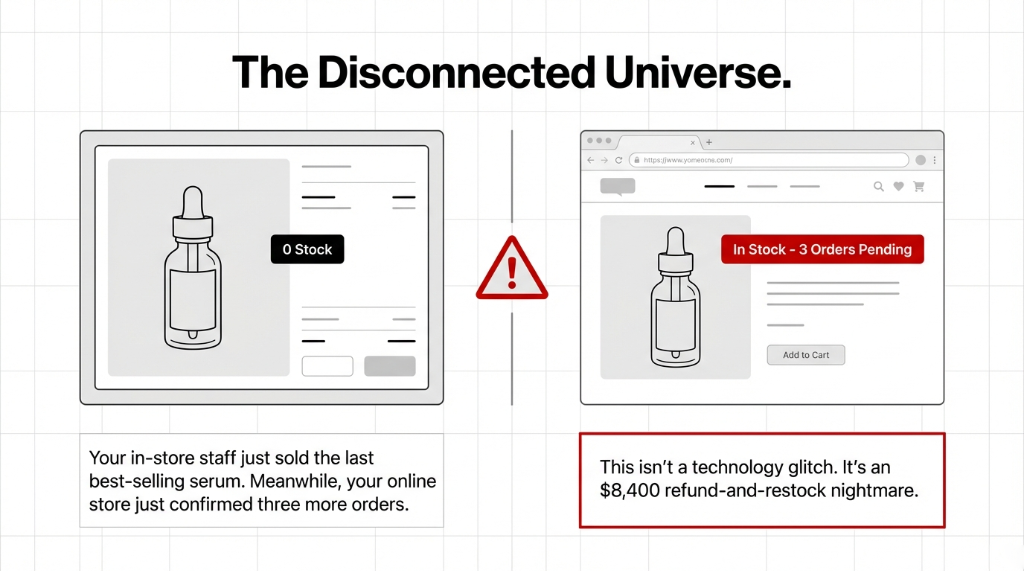 The disconnected universe showing in-store POS displaying 0 Stock for a best-selling serum while the online store simultaneously shows In Stock with 3 Orders Pending creating an 8400 dollar refund and restock nightmare every week