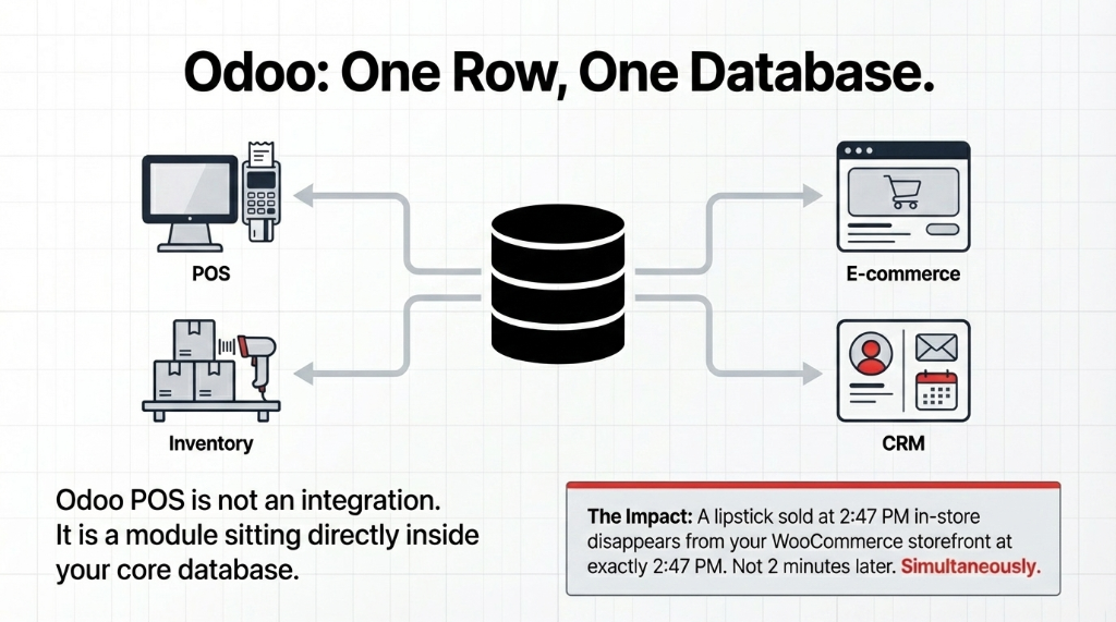 Odoo one row one database architecture showing POS e-commerce inventory and CRM all connected to a single central database where a lipstick sold at 2:47 PM in-store disappears from the WooCommerce storefront at exactly 2:47 PM simultaneously not 2 minutes later
