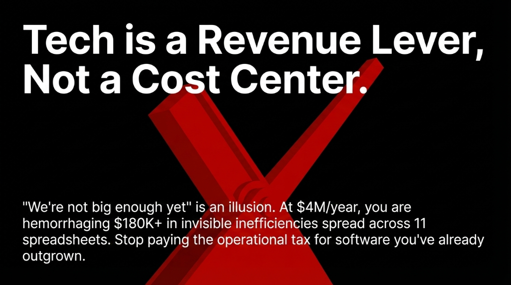 Tech is a revenue lever not a cost center showing that at 4M per year you are hemorrhaging 180K plus in invisible inefficiencies spread across 11 spreadsheets and you need to stop paying the operational tax for software you have already outgrown