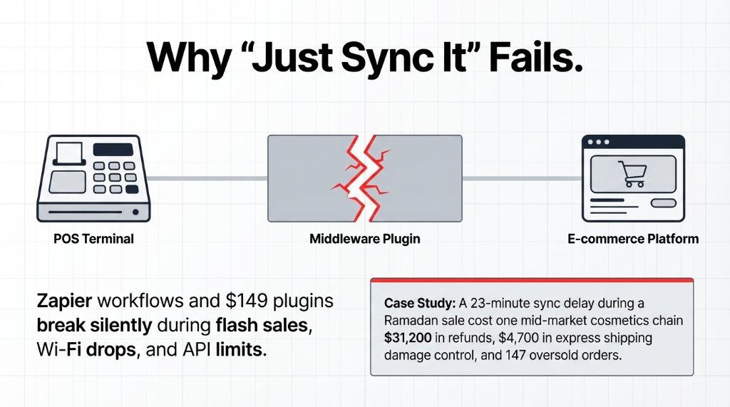 Why just sync it fails showing a POS terminal connected to an e-commerce platform through a middleware plugin that is cracking and breaking with Zapier workflows and 149 dollar plugins breaking silently during flash sales Wi-Fi drops and API limits and a case study showing a 23 minute sync delay during a Ramadan sale costing 31200 dollars in refunds and 4700 dollars in express shipping