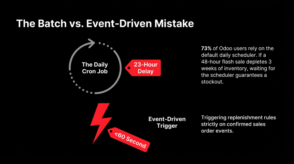 The batch versus event-driven mistake diagram showing the daily cron job with a 23-hour delay where 73 percent of Odoo users rely on the default daily scheduler versus the event-driven trigger that fires replenishment rules in under 60 seconds on confirmed sales order events