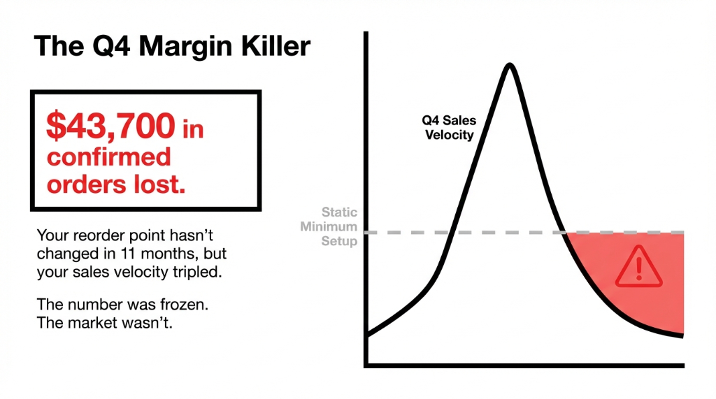 The Q4 margin killer diagram showing 43700 dollars in confirmed orders lost because a static reorder point has not changed in 11 months while sales velocity tripled with the static minimum setup line being overtaken by Q4 demand