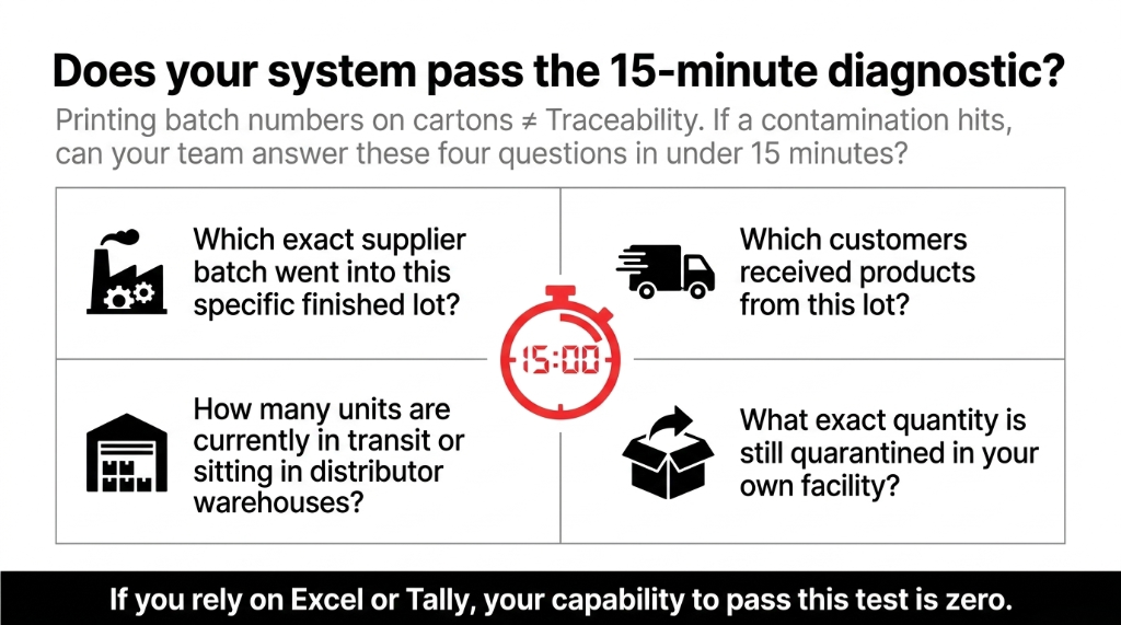 Does your system pass the 15-minute diagnostic showing four critical questions - which supplier batch went into this lot, which customers received products, how many units in transit, what quantity quarantined - if you rely on Excel or Tally your capability to pass is zero