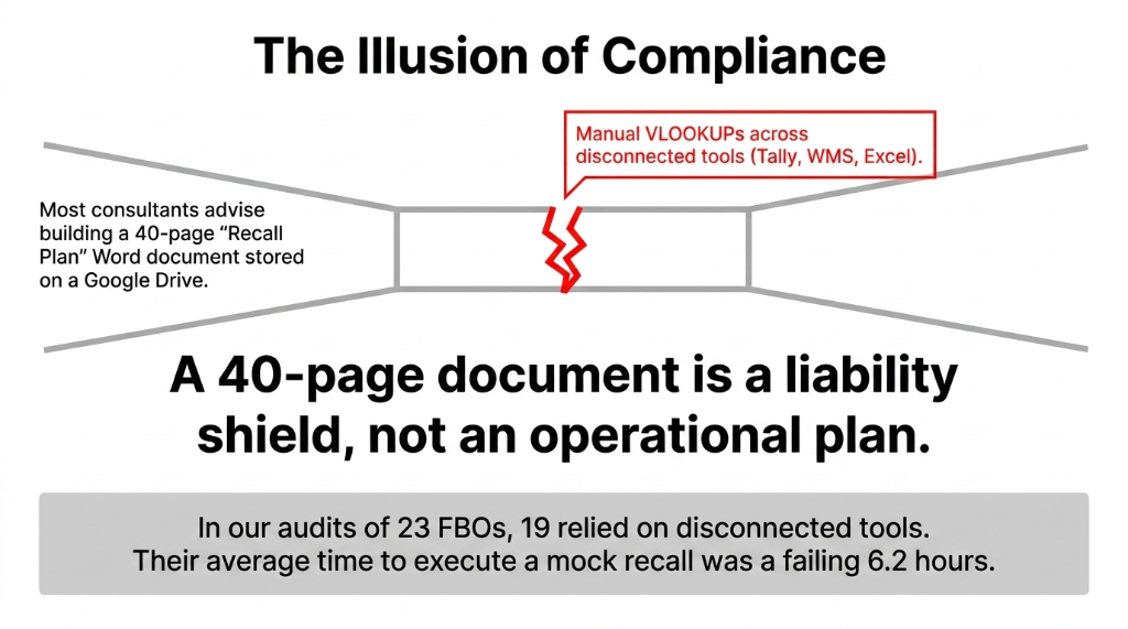 The Illusion of Compliance showing a 40-page Recall Plan Word document on Google Drive with manual VLOOKUPs across disconnected tools like Tally WMS and Excel - a 40 page document is a liability shield not an operational plan - 19 of 23 audited FBOs averaged 6.2 hours for mock recall
