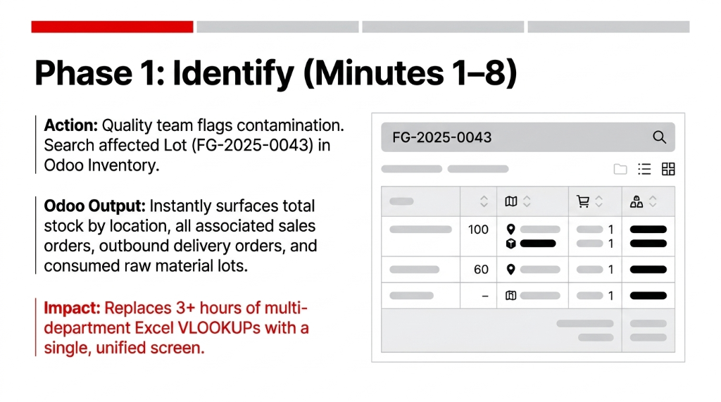 Phase 1 Identify Minutes 1 to 8 showing Odoo lot search for FG-2025-0043 instantly surfacing total stock by location all associated sales orders outbound delivery orders and consumed raw material lots replacing 3 plus hours of multi-department Excel VLOOKUPs