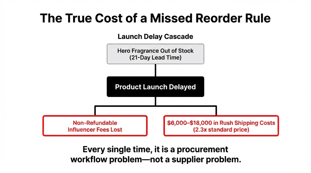 The Loop Live Inventory Sync - purchasing and inventory are not two separate systems they are one continuous automated loop - auto-generates new RFQ when glycerin drops below 30kg with warehouse receipt feeding directly into live inventory database