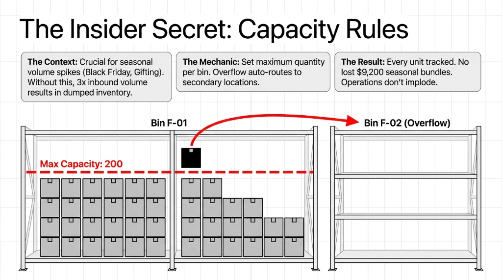 The Insider Secret Capacity Rules - crucial for seasonal volume spikes like Black Friday and Gifting - set maximum quantity per bin at 200 units and overflow auto-routes to Bin F-02 secondary location - every unit tracked no lost 9200 dollars in seasonal bundles operations do not implode