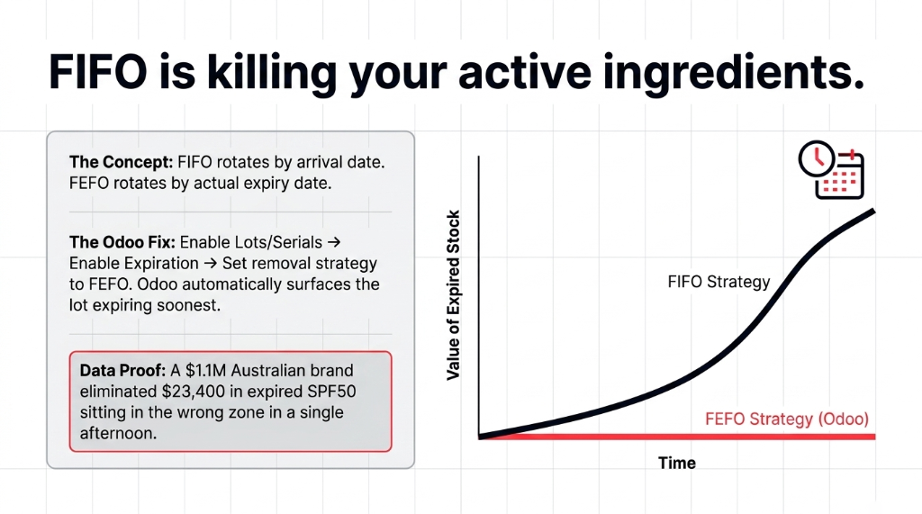 FIFO is killing your active ingredients - FIFO rotates by arrival date while FEFO rotates by actual expiry date - chart shows value of expired stock rising exponentially under FIFO strategy while staying flat under FEFO Odoo strategy - a 1.1M Australian brand eliminated 23400 dollars in expired SPF50 sitting in the wrong zone in a single afternoon
