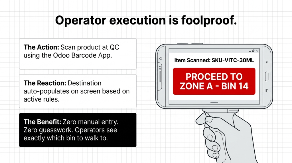 Operator execution is foolproof - scan product at QC using Odoo Barcode App - destination auto-populates on screen based on active rules showing PROCEED TO ZONE A BIN 14 - zero manual entry zero guesswork operators see exactly which bin to walk to