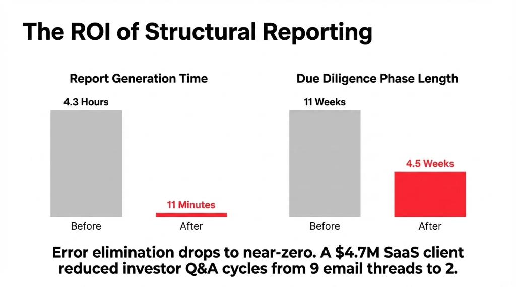 The ROI of structural reporting showing report generation time dropping from 4.3 hours to 11 minutes and due diligence phase length shrinking from 11 weeks to 4.5 weeks with error elimination dropping to near-zero and a 4.7M SaaS client reducing investor Q and A cycles from 9 email threads to 2