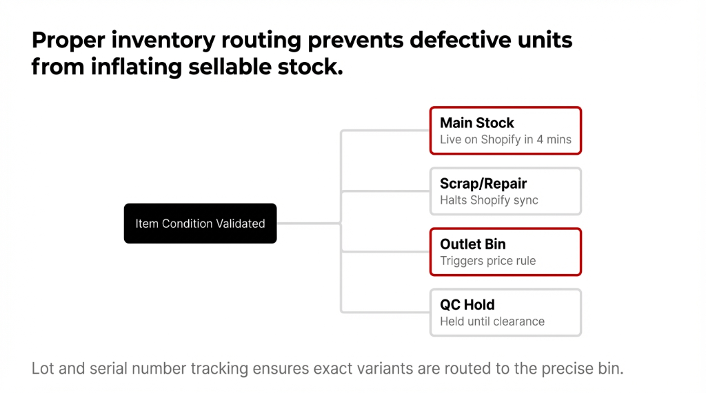 Proper inventory routing prevents defective units from inflating sellable stock. After Item Condition is Validated, routing goes to Main Stock (live on Shopify in 4 minutes), Scrap or Repair (halts Shopify sync), Outlet Bin (triggers price rule), or QC Hold (held until clearance). Lot and serial number tracking ensures exact variants are routed to the precise bin.