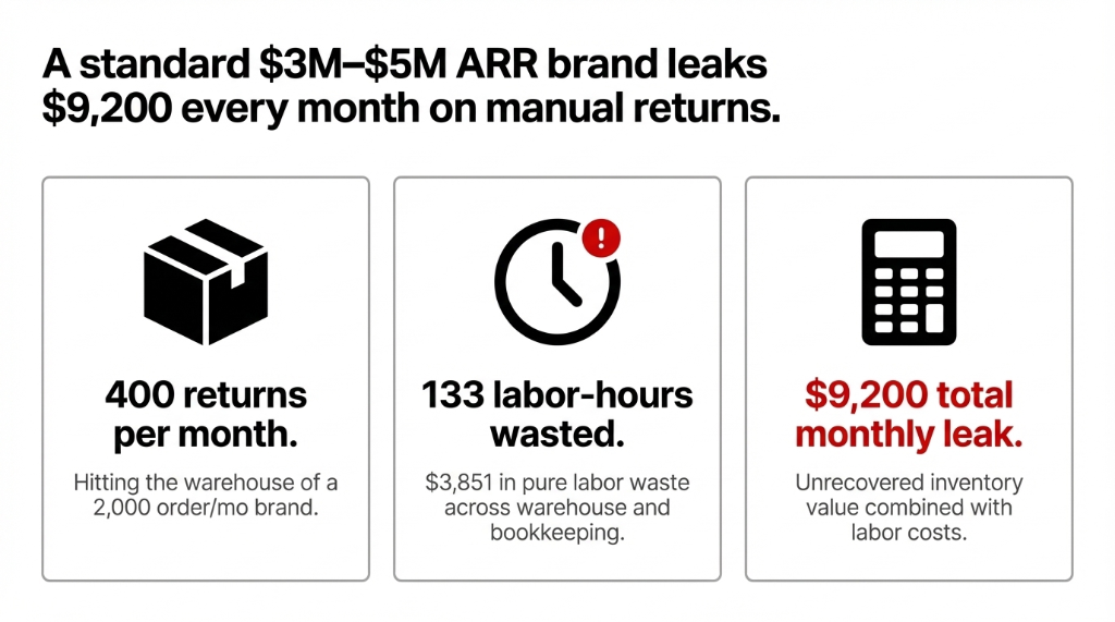 A standard $3M to $5M ARR brand leaks $9,200 every month on manual returns. 400 returns per month hitting the warehouse of a 2,000 order per month brand. 133 labor-hours wasted with $3,851 in pure labor waste across warehouse and bookkeeping. $9,200 total monthly leak from unrecovered inventory value combined with labor costs.