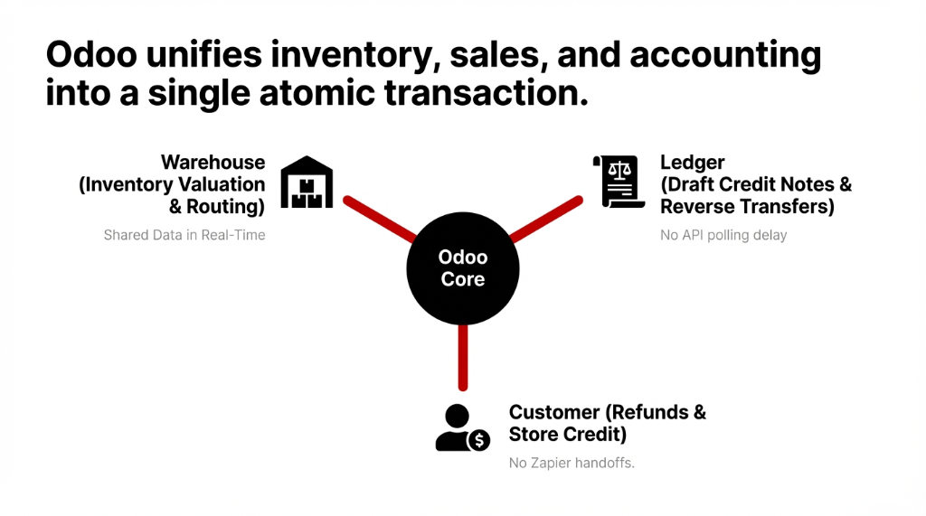 Odoo unifies inventory, sales, and accounting into a single atomic transaction. Three branches from Odoo Core: Warehouse for Inventory Valuation and Routing with shared data in real-time, Ledger for Draft Credit Notes and Reverse Transfers with no API polling delay, and Customer for Refunds and Store Credit with no Zapier handoffs.