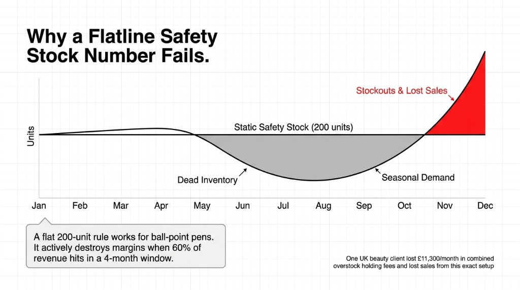 Why a flatline safety stock number fails for seasonal beauty brands - static 200 units vs actual seasonal demand curve