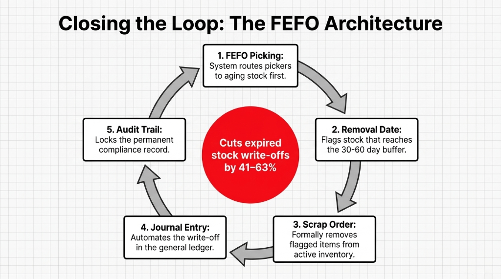Closing the Loop The FEFO Architecture showing 5-step cycle of FEFO Picking then Removal Date flagging then Scrap Order then Journal Entry then Audit Trail cutting expired stock write-offs by 41 to 63 percent