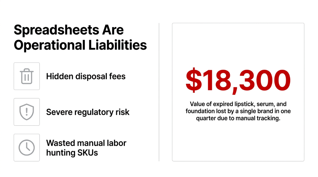 Spreadsheets are operational liabilities showing hidden disposal fees severe regulatory risk and wasted manual labor hunting SKUs with 18300 dollars of expired lipstick serum and foundation lost by a single brand in one quarter due to manual tracking