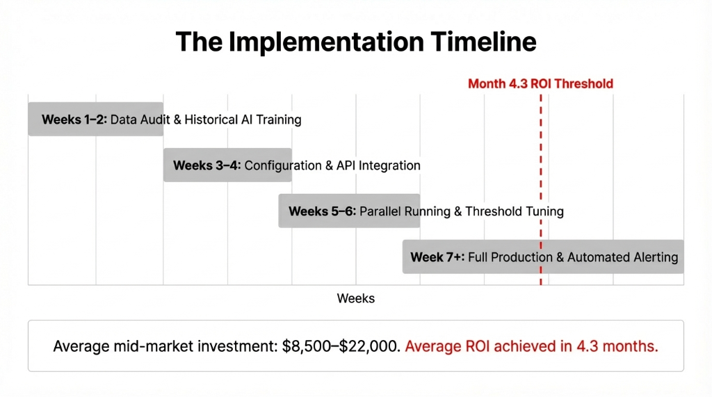 The Implementation Timeline Gantt chart showing: Weeks 1 to 2 for Data Audit and Historical AI Training, Weeks 3 to 4 for Configuration and API Integration, Weeks 5 to 6 for Parallel Running and Threshold Tuning, Week 7 plus for Full Production and Automated Alerting. A red dashed line marks Month 4.3 as the ROI Threshold. Average mid-market investment: $8,500 to $22,000 with average ROI achieved in 4.3 months.
