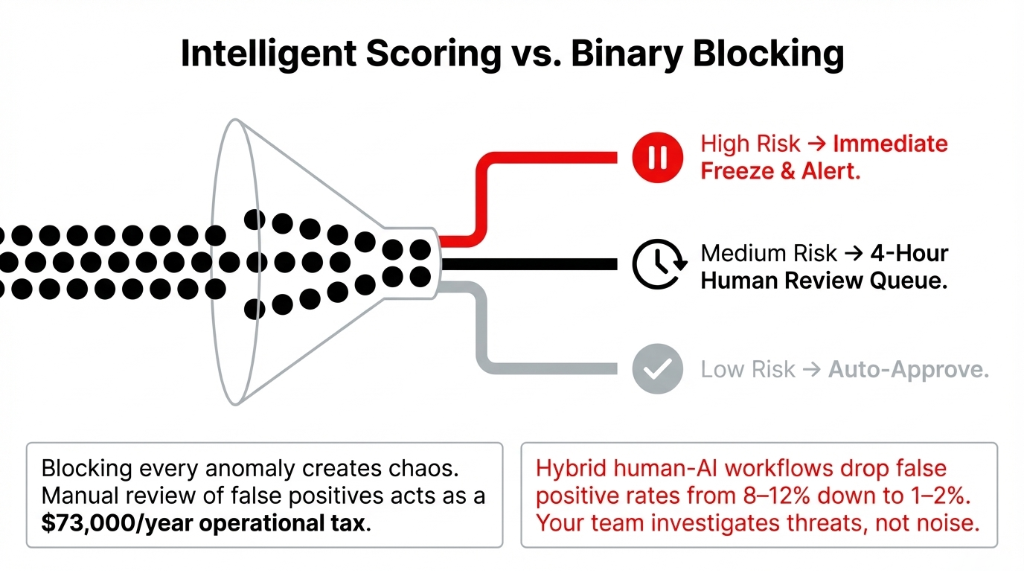 Intelligent Scoring vs. Binary Blocking: A funnel diagram showing transactions flowing through AI analysis. High Risk transactions get immediate freeze and alert. Medium Risk transactions go to a 4-hour human review queue. Low Risk transactions auto-approve. Callouts: Blocking every anomaly creates chaos and acts as a $73,000 per year operational tax. Hybrid human-AI workflows drop false positive rates from 8 to 12 percent down to 1 to 2 percent.