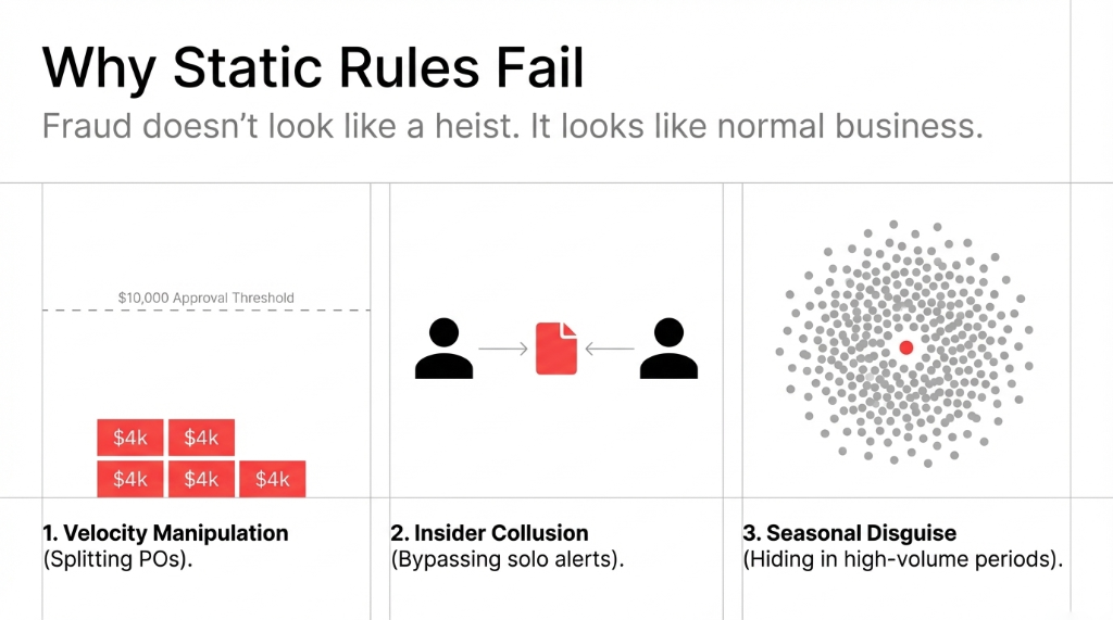 Why Static Rules Fail: Fraud doesn't look like a heist, it looks like normal business. Three attack patterns shown: 1. Velocity Manipulation where purchase orders are split into five $4k chunks to stay below the $10,000 approval threshold, 2. Insider Collusion where two employees coordinate to bypass solo anomaly alerts, 3. Seasonal Disguise where fraudulent entries hide inside high-volume periods like Q4.