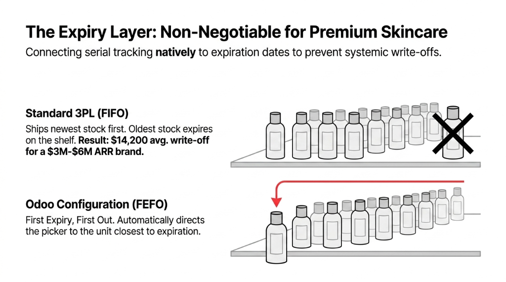 The expiry layer non-negotiable for premium skincare - standard 3PL FIFO ships newest stock first causing $14,200 average write-off vs Odoo FEFO configuration that automatically directs the picker to the unit closest to expiration
