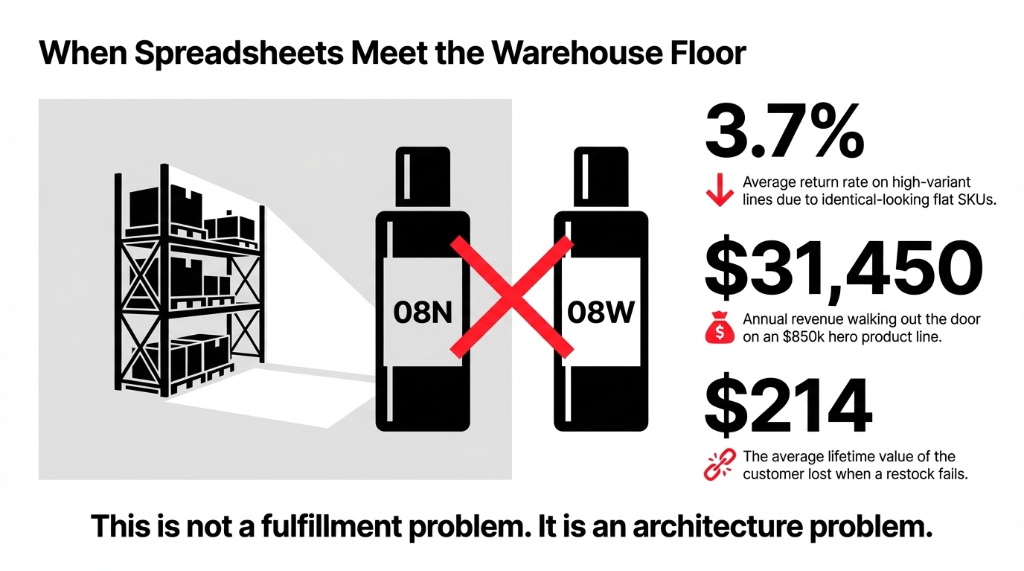 When spreadsheets meet the warehouse floor showing shade 08N and 08W bottles being confused with 3.7 percent average return rate on high variant lines and 31450 dollars annual revenue lost on an 850k hero product line and 214 dollars average lifetime value of each customer lost when a restock fails because this is not a fulfillment problem it is an architecture problem