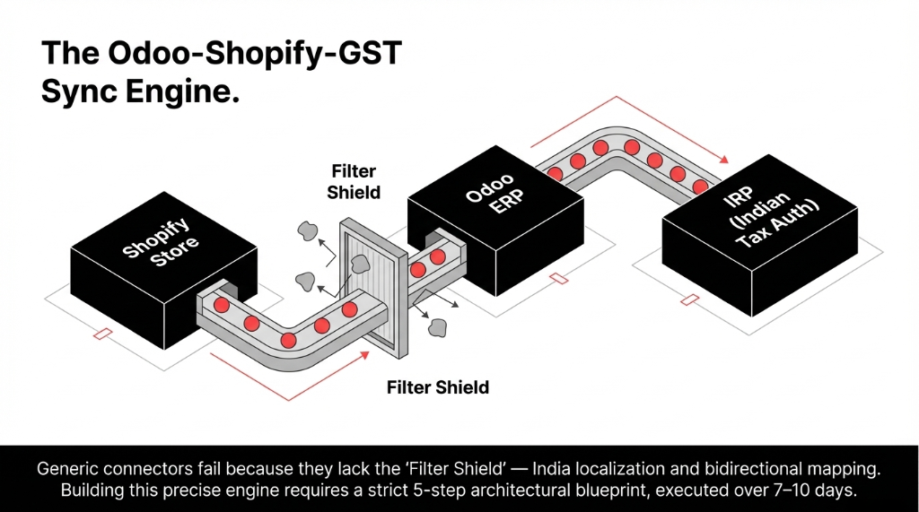 The Odoo-Shopify-GST sync engine architecture showing Shopify Store connecting through a Filter Shield to Odoo ERP which connects to IRP Indian Tax Authority with a note that generic connectors fail because they lack the Filter Shield for India localization and bidirectional mapping requiring a strict 5-step architectural blueprint executed over 7 to 10 days