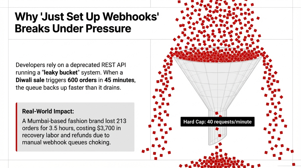 Why just set up webhooks breaks under pressure showing developers rely on a deprecated REST API running a leaky bucket system with a hard cap of 40 requests per minute and when a Diwali sale triggers 600 orders in 45 minutes the queue backs up faster than it drains with a real-world impact where a Mumbai-based fashion brand lost 213 orders for 3.5 hours costing 3700 dollars in recovery labor and refunds