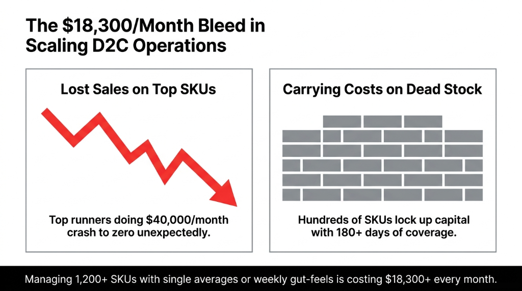 The 18300 dollar per month bleed in scaling D2C operations showing lost sales on top SKUs crashing to zero and carrying costs on dead stock with 180 plus days of coverage locking up capital