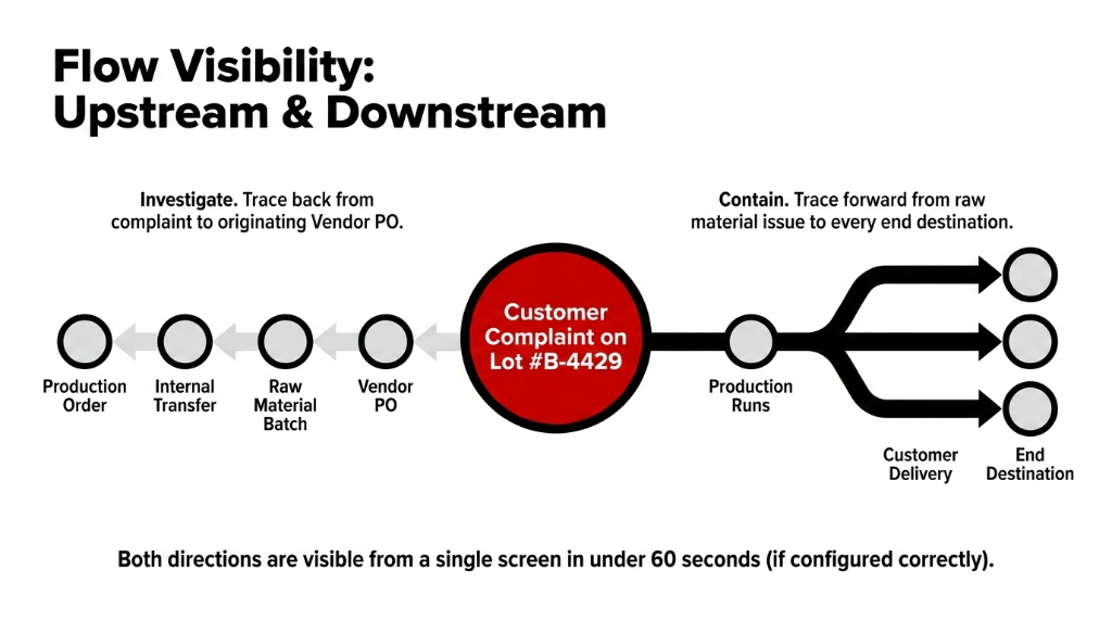 Flow Visibility Upstream and Downstream - Customer Complaint on Lot B-4429 traces back through Production Order Internal Transfer Raw Material Batch to Vendor PO upstream and forward through Production Runs Customer Delivery to End Destination downstream - both directions visible from a single screen in under 60 seconds if configured correctly