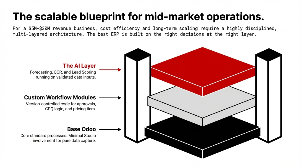 The scalable blueprint for mid-market operations showing a 3-layer architecture: Base Odoo core standard processes with minimal Studio for pure data capture, Custom Workflow Modules with version-controlled code for approvals CPQ logic and pricing tiers, and The AI Layer with forecasting OCR and Lead Scoring running on validated data inputs