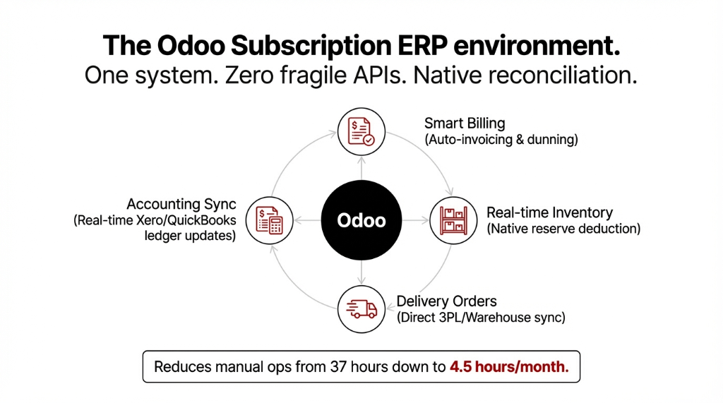 The Odoo Subscription ERP environment one system zero fragile APIs native reconciliation showing Odoo at the center connecting Smart Billing auto invoicing and dunning Real time Inventory native reserve deduction Delivery Orders direct 3PL warehouse sync and Accounting Sync real time Xero QuickBooks ledger updates which reduces manual ops from 37 hours down to 4.5 hours per month