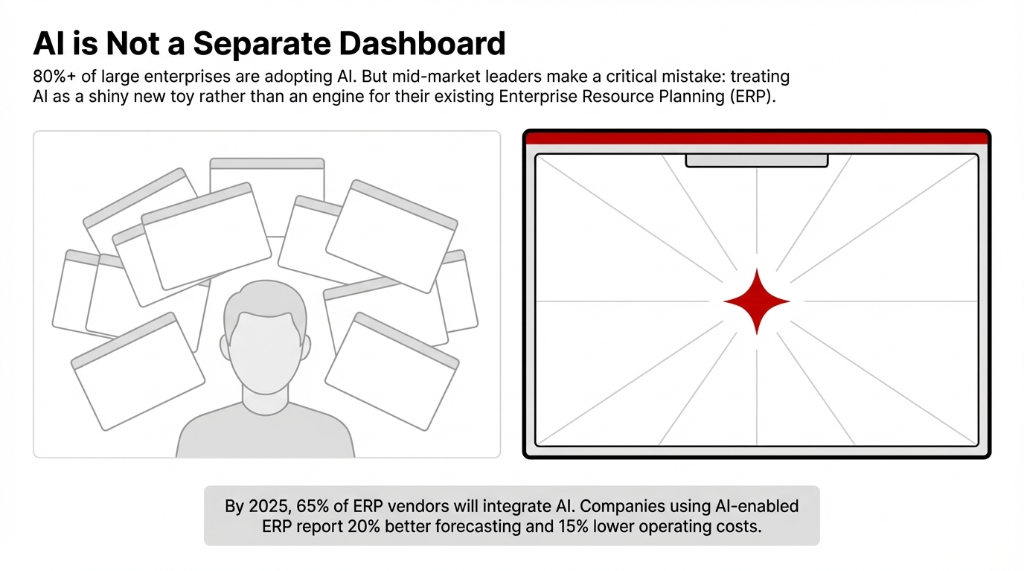 AI is Not a Separate Dashboard. 80%+ of large enterprises are adopting AI. But mid-market leaders make a critical mistake: treating AI as a shiny new toy rather than an engine for their existing Enterprise Resource Planning (ERP). Left side shows a person overwhelmed by dozens of scattered screens and apps. Right side shows a clean unified ERP dashboard with AI as a central red diamond at its core. By 2025, 65% of ERP vendors will integrate AI. Companies using AI-enabled ERP report 20% better forecasting and 15% lower operating costs.