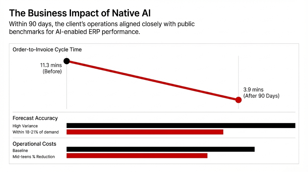 The Business Impact of Native AI. Within 90 days, the client operations aligned closely with public benchmarks for AI-enabled ERP performance. Order-to-Invoice Cycle Time chart shows a steep red line dropping from 11.3 minutes (Before) to 3.9 minutes (After 90 Days). Forecast Accuracy bar chart shows high variance baseline (black) reduced to within 18-21% of demand (red). Operational Costs bar chart shows baseline (black) with mid-teens percentage reduction (red).