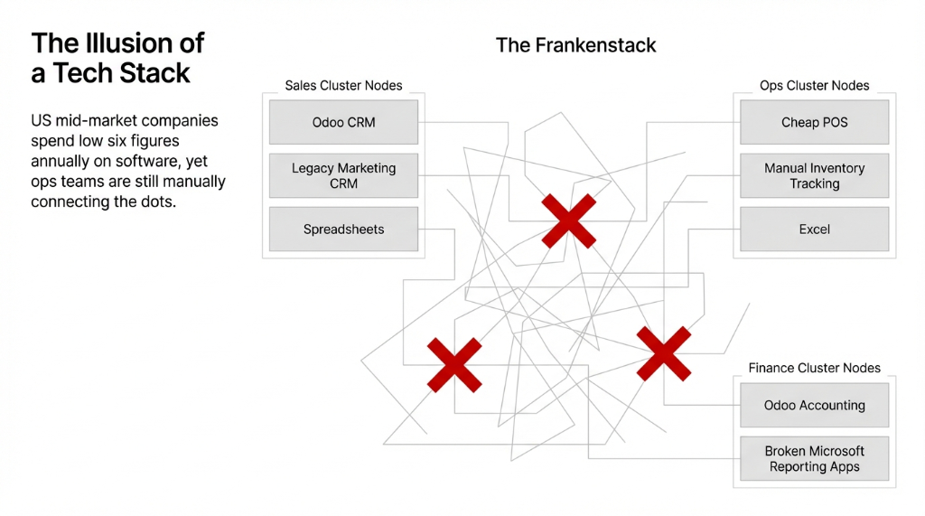 The Illusion of a Tech Stack: The Frankenstack. US mid-market companies spend low six figures annually on software, yet ops teams are still manually connecting the dots. Sales Cluster Nodes include Odoo CRM, Legacy Marketing CRM, and Spreadsheets. Ops Cluster Nodes include Cheap POS, Manual Inventory Tracking, and Excel. Finance Cluster Nodes include Odoo Accounting and Broken Microsoft Reporting Apps. All clusters are connected by a tangled web of broken integrations marked with large red X symbols.