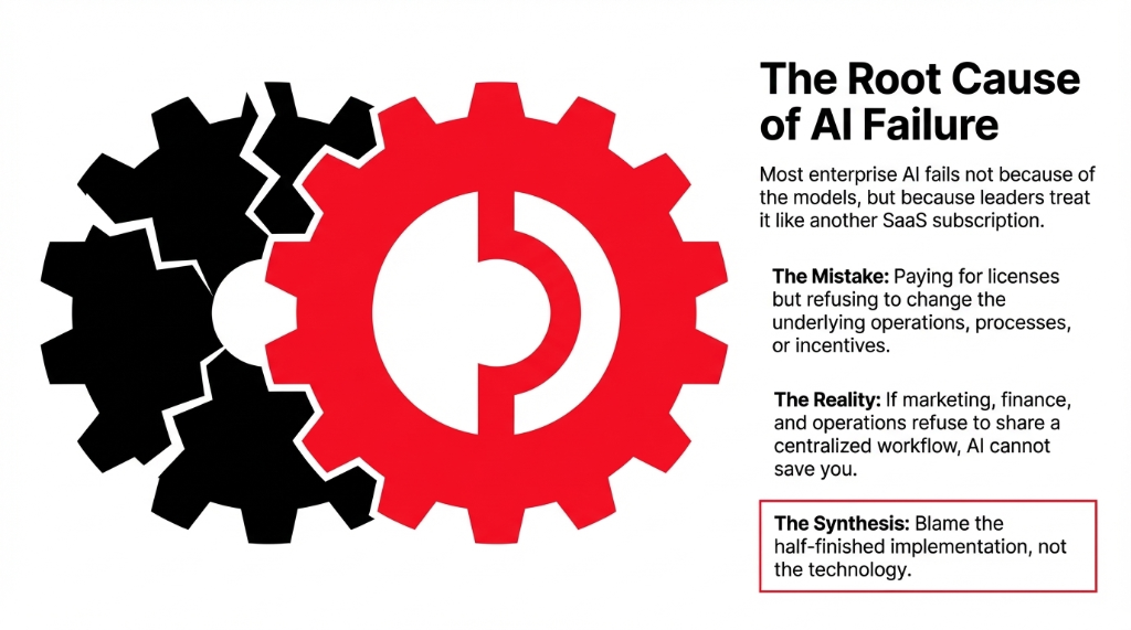 The Root Cause of AI Failure. Large interlocking red and black gears. Most enterprise AI fails not because of the models, but because leaders treat it like another SaaS subscription. The Mistake: Paying for licenses but refusing to change the underlying operations, processes, or incentives. The Reality: If marketing, finance, and operations refuse to share a centralized workflow, AI cannot save you. The Synthesis: Blame the half-finished implementation, not the technology.
