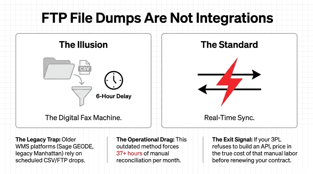 FTP File Dumps Are Not Integrations - The Illusion shows CSV file with 6-hour delay digital fax machine vs The Standard showing real-time sync - Legacy trap of Sage GEODE and Manhattan WMS using scheduled CSV FTP drops forcing 37 plus hours of manual reconciliation per month