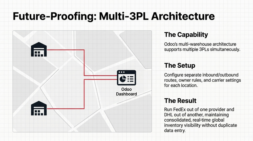 Future-Proofing Multi-3PL Architecture - Odoo multi-warehouse architecture supports multiple 3PLs simultaneously with separate inbound outbound routes owner rules and carrier settings per location - Run FedEx out of one provider and DHL out of another with consolidated real-time global inventory visibility