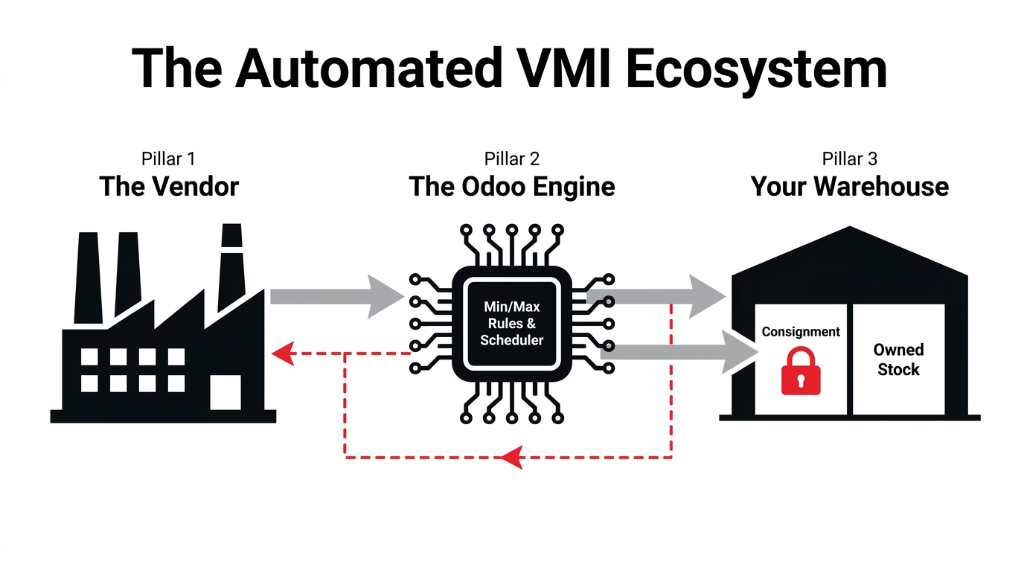The Automated VMI Ecosystem - Pillar 1 The Vendor sends to Pillar 2 The Odoo Engine with Min Max Rules and Scheduler which manages Pillar 3 Your Warehouse with Consignment and Owned Stock sections