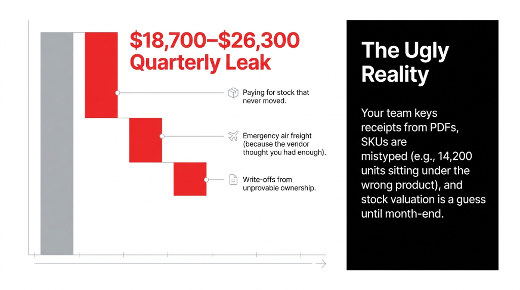 VMI Quarterly Leak of 18700 to 26300 dollars from paying for stock that never moved and emergency air freight and write-offs from unprovable ownership - The Ugly Reality of mistyped SKUs and guessed stock valuation