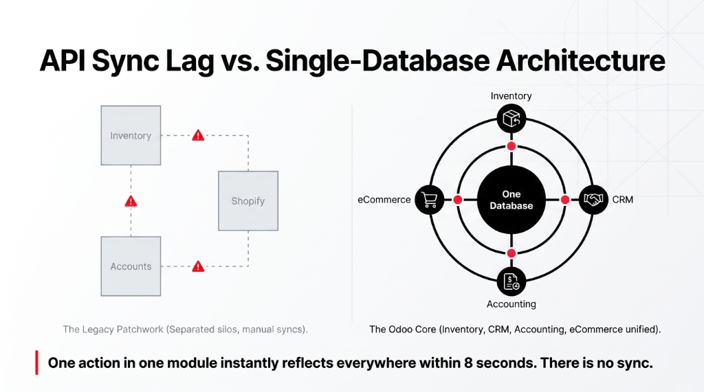 API Sync Lag vs Single-Database Architecture comparison. Left side shows The Legacy Patchwork with separated silos for Inventory, Accounts, and Shopify connected by dashed lines with warning icons. Right side shows The Odoo Core with One Database at center connected to Inventory, CRM, eCommerce, and Accounting. One action in one module instantly reflects everywhere within 8 seconds. There is no sync.