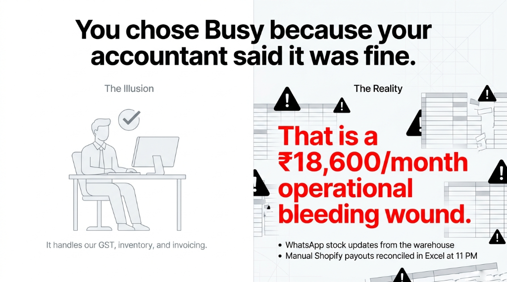 You chose Busy because your accountant said it was fine. Left side shows The Illusion with a person at a computer and checkmark saying it handles our GST inventory and invoicing. Right side shows The Reality with warning icons and bold text saying that is a 18600 rupee per month operational bleeding wound with WhatsApp stock updates from the warehouse and manual Shopify payouts reconciled in Excel at 11 PM.