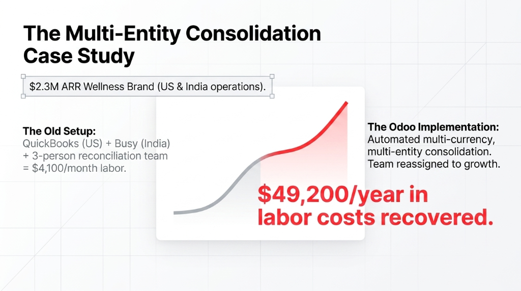 The Multi-Entity Consolidation Case Study for a 2.3 million dollar ARR Wellness Brand with US and India operations. The Old Setup was QuickBooks for US plus Busy for India plus a 3-person reconciliation team costing 4100 dollars per month labor. The Odoo Implementation automated multi-currency multi-entity consolidation and the team was reassigned to growth. Result: 49200 dollars per year in labor costs recovered.