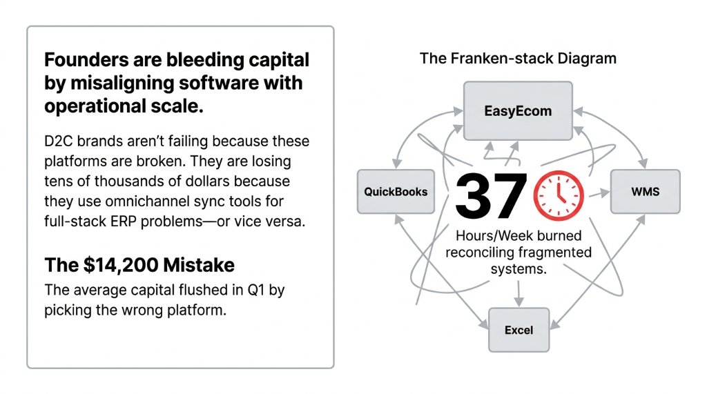The Frankenstack Diagram showing EasyEcom QuickBooks WMS and Excel connected with chaotic arrows with 37 hours per week burned reconciling fragmented systems and the 14200 dollar mistake being the average capital flushed in Q1 by picking the wrong platform
