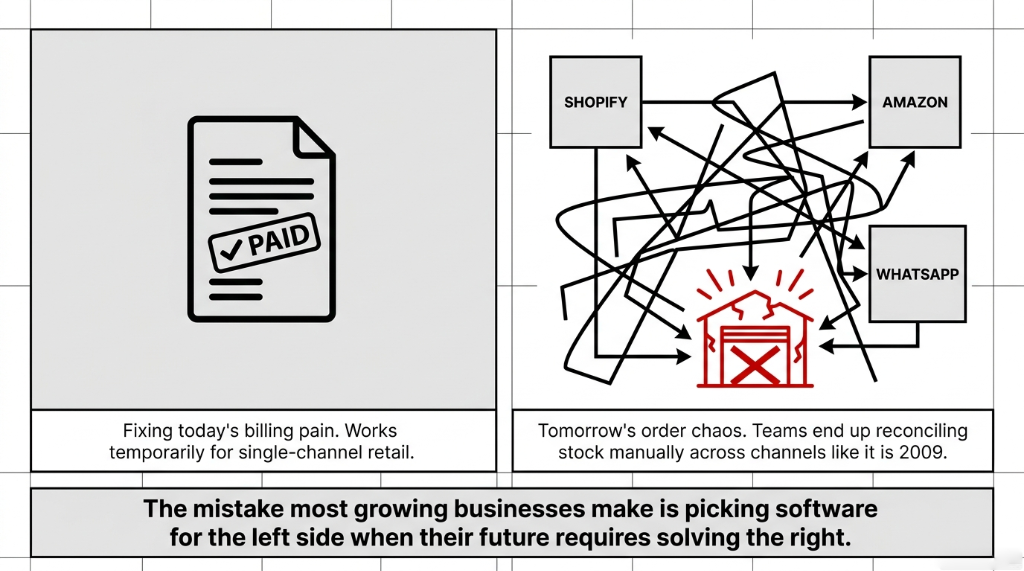 Left side shows a paid invoice representing fixing today billing pain which works temporarily for single-channel retail. Right side shows chaotic arrows between Shopify, Amazon, WhatsApp, and a warehouse representing tomorrow order chaos where teams end up reconciling stock manually across channels like it is 2009. The mistake most growing businesses make is picking software for the left side when their future requires solving the right.